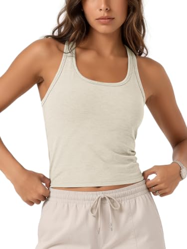 ODODOS Performance Racerback Crop Tank with Built-in Bra for Women, Ultra Soft odSTRATUM Tech, Light Support Workout Yoga Bra, Milkweed Heather, Large