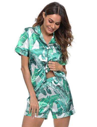 Image of SWOMOG Womens Silk Satin Pajamas Set Short Sleeve Sleepwear Button Down Top and Shorts Loungewear 2 Piece Pjs Set XS-3XL