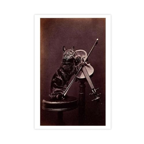 Póster de lienzo con diseño de gato en un taburete y violín de 1872, para decoración de sala de estar, dormitorio, 60 x 90 cm