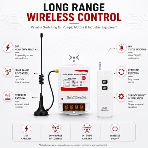 Image of Blackt Electrotech 230 Volt 30Amps Long Range Up to 5KM Remote Control Switch for Water Pump, Motor & Industrial EquipmentRF | Heavy Duty Remote ON /OFF Controller