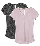 icyzone Damen T-Shirt Kurzarm V-Ausschnitt Yoga Tops Casual Sport Shirt, 2er Pack (M, Black/Cameo Brown)