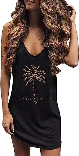 Image of Live Simple Coconut Tree Sleeveless Dress Sunshine Sand Beach Women's Summer Casual V Neck Mini Dress