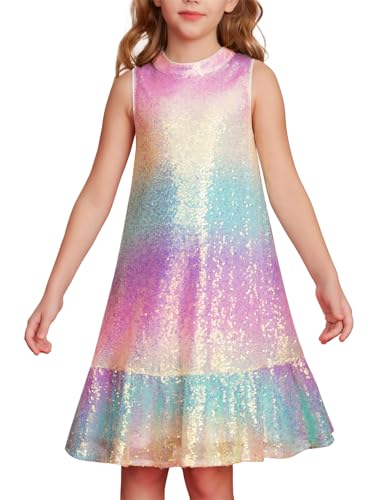 GRACE KARIN Niñas Vestido de Fiesta con Lentejuelas Sin Mangas Cuello Redondo Falda de Capas Línea A + Lazo Multicolor 8-10 años