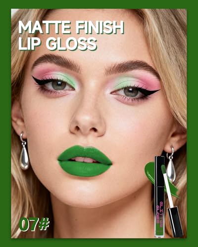 Grün Flüssiger Lippenstift mit Matt Finish, Hochpigmentiert Lipgloss Langanhaltender Wasserdicht, Leichte Formel, Non-Stick Cup Lip Color Lip Gloss, Lippen Make-up für Halloween Cosplay, Vegan-07