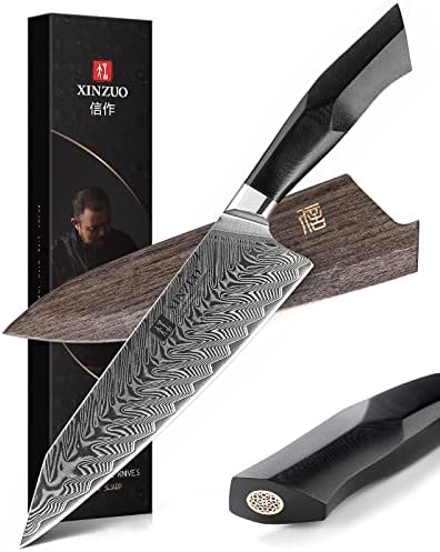 XINZUO Damascus Steel Chef Knife, 21.5cm Kiritsuke Kitchen Knife Professional Forged Gyuto Cooking Knife, Military Grade G10 Handle with Magnetic Sheath -Feng Series