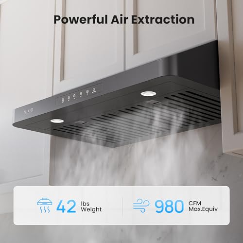 Image of VIKIO HOME Under Cabinet Range Hood 30 Inch, 980CFM Fast Venting Ducted, Kitchen Hood With 3 Speed Gesture Sensing & Touch Control, Stainless Steel Stove Vent Hood With LED Light, Black