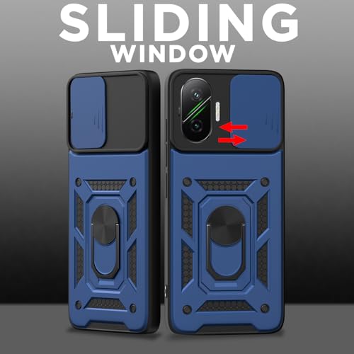 Image of Pikkme Back Cover for Poco F7 5G | D10 Tough Armor | 360 Protection Case | Sliding Camera Shield Cover & Ring Holder Stand Bumper Case (Blue)