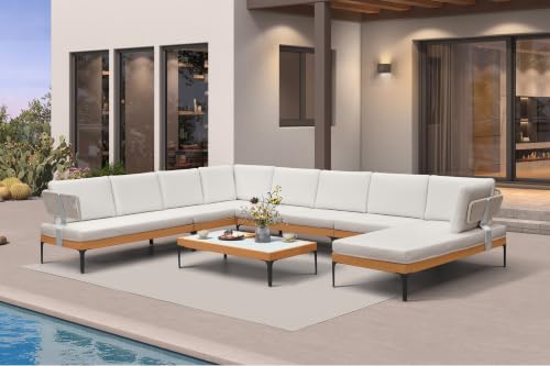 Image of PURPLE LEAF Patio Furniture Set Outdoor Sectional Sofa with Coffee Table Fade-Resistant Cushions Wicker U-Shaped 9 Pieces Aluminum Conversation Sets for Balcony Yard Poolside Garden, White