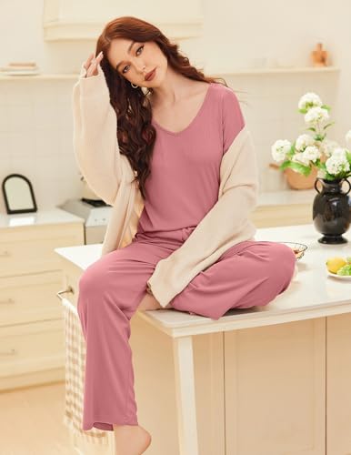 Ekouaer Womens Ribbed Knit Pajamas Set V Neck Long Sleeve Pj Set 2 Piece Loungewear Casual Sleepwear
