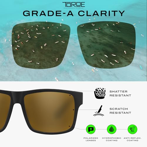Image of TOROE TR90 Square Frame Grade A Polarized Black Emblem Sunglasses with Anti Reflective Water Repellent Polycarbonate Lenses (Matte Black Frame, Bronze Mirror (CAT3))