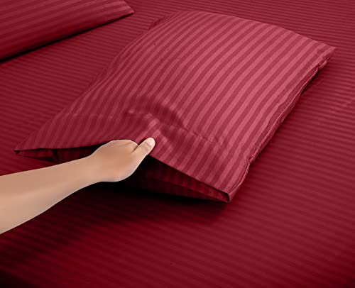 Image of ROYALE LINENS 4 Piece Queen Sheets Set - Soft Brushed Microfiber Bedding - 1 Fitted, 1 Flat Sheet, 2 Pillow Cases - Wrinkle Free & Fade Resistant - Hotel Luxury Bed Sheets (Stripe Burgundy, Queen)
