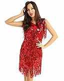 YiZYiF Damen Pailletten Tanzkleid Quasten Rumba Tango Latein Kleid Glitzer Party Cocktail Abendkleid Ballroon Performance Dancewear Rot X-Large