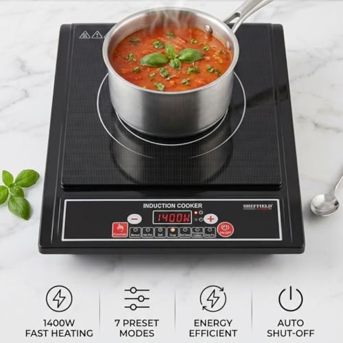 Image of Sheffield Classic 1400W Portable Induction Cooktop | Soft Push Buttons, 7 Preset Modes, Easy Touch Control | Auto Shut‑Off, Fast Heating & Energy‑Efficient Electric Stove - Black