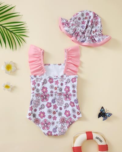 Image of Toddler Girl Swimsuit Baby Girl Bathing Suit Long Sleeve Floral Zipper One-Piece Rash Guard Swimsuit with Hat