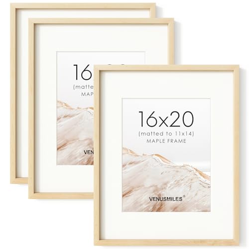 Image of 16 x 20 Picture Frame Set of 3, USA-Sourced Natural Maple Wood Photo Collage Frame with HD Tempered Glass, Modern Simple 16x20 Wooden Frame Matted to 11x14, Vertical & Horizontal Wall Hanging Display