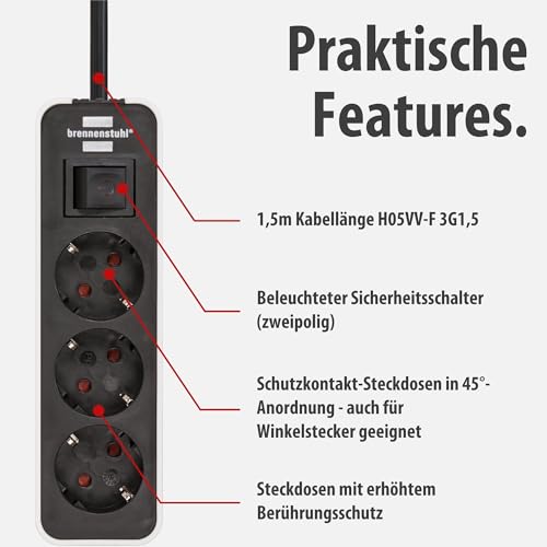 Brennenstuhl Ecolor Steckdosenleiste 3-Fach (Mehrfachsteckdose mit Schalter und 1,5m Kabel) schwarz/weiß