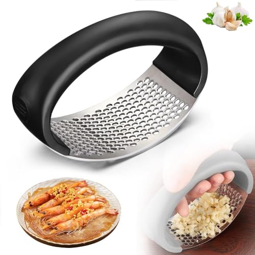 Stainless Steel Garlic Presser, Exprimidor de Ajos, Prensador de Ajos de Acero Inoxidable, Trituradora de Ajos con Pelador y Cepillo de Limpieza, Picadora de...