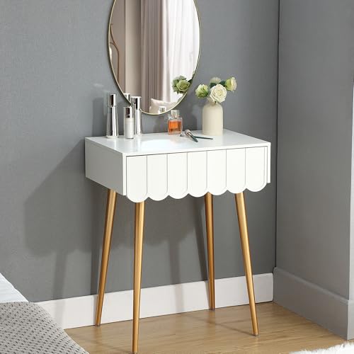 LUKYRA Small Makeup Vanity Desk Without Mirror, Compact Makeup Table with Drawer, Mini White and Gold Dressing Table (White-Arch-1Drawer)