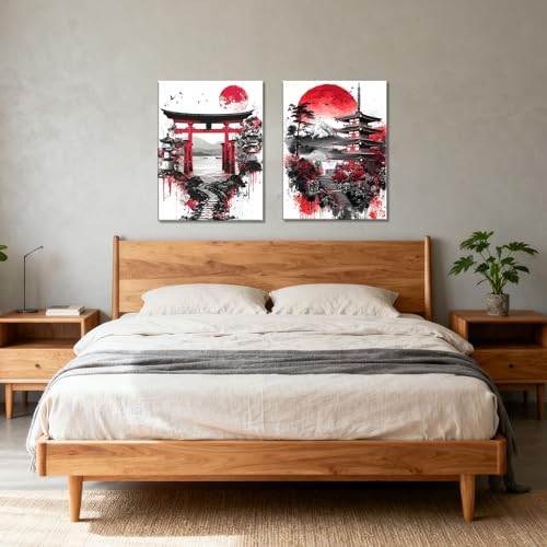 Image of Frimeeme 2Pcs Japanese Canvas Wall Art, Ready to Hang,Framed,12x16 inches | Red Black Landscape Prints, Modern Minimalist Asian Oriental Decor