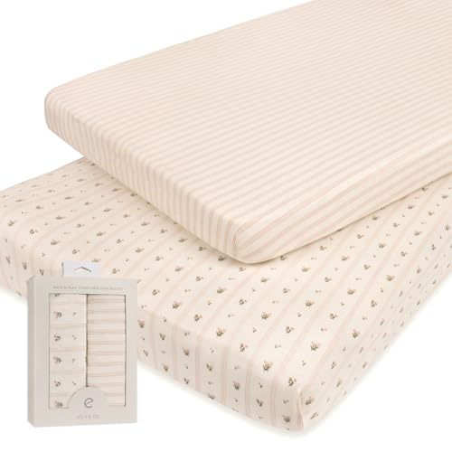 Ely's & Co. Pack and Play Sheets, for Mini/Portable Crib, 2 Pack Fitted Playpen Play Yard Sheet Set Compatible with Graco Pack n Play, for Baby Girls, 100% Cotton, 38”x24”x5” Pink Linear Floral