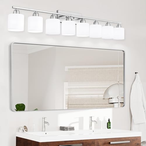 Image of Brushed Nickel Bathrooms Lights for Huge Mirror, 8 Light Anti-Rust Finish with Milky White Frosted Glass Shades, 51 Inch Above Mirror Lights for Bathroom, E26