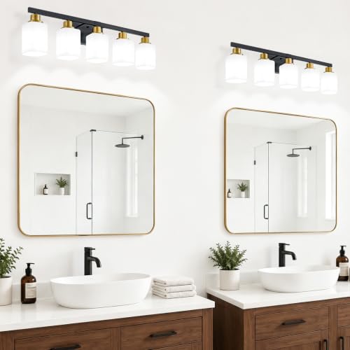 Image of 5-Light Black and Gold Vanity Light,Bathroom Lighting Fixtures,30 inch