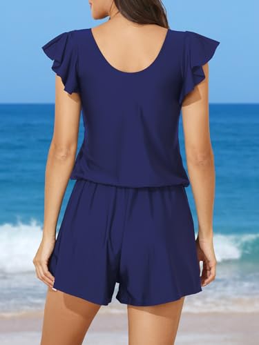 Image of Smismivo Swim Romper with Built in Bra and Pockets Swim Dress Modest One Piece Swimsuit Full Coverage Bathing Suit