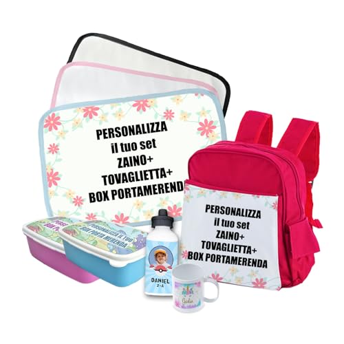 Set Desayuno Bocadillo Niños Escuela - Mantel Individual, Taza de Plástico, Botella, Lonchera, Mochila Todo Personalizable (Mochila + Individual + Caja Puerta + Botella/Taza Plástico)