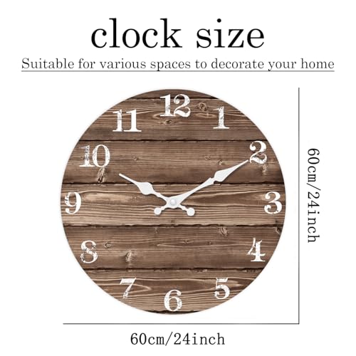Image of XFM Brown Wooden Wall Clock 24 Inch Large Farmhouse Decor | Non-Ticking Battery Operated Decorative for Kitchen Living Room Office