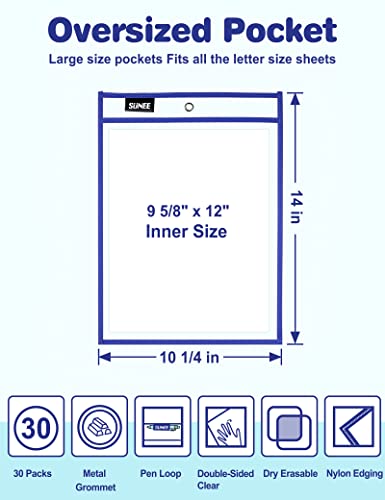 Sunee SUNEE-DEP-AC-30 Packs Oversized Reusable Dry Erase Pocket Sleeves With 2 Rings, 10 Assorted Colors 10X14 Ticket Holders, Clear Plastic Sheet Protectors thumb #1