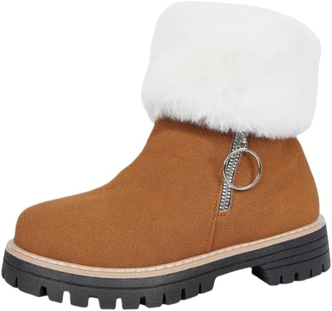 Women's Faux Fur Snow Boots - Round Toe Suede Warm Fur Lined Platform Flat Comfort Outdoor Winter Boots Fashion Plush Lined Ankle Boots Platform Zipper Short Booties