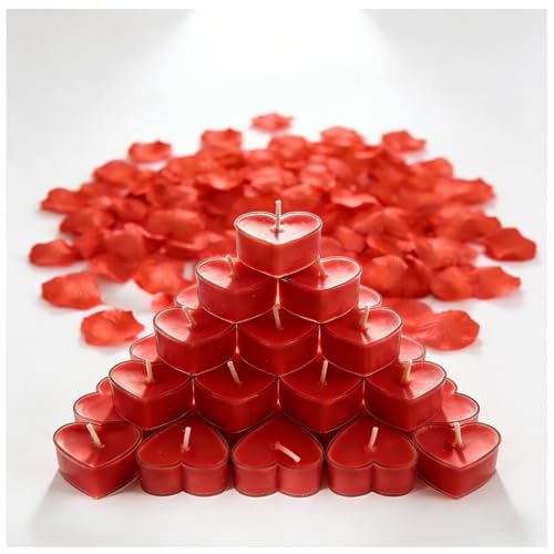 msymsyu 27 Stück Teelichter Rot Herzförmige Teelichter 4x1.5cm Transparente Hülle TeelichterRot Ohne Duft Mit 500 Stück Rosenblätter Valentinstag Herzen Deko für Valentinstag Hochzeiten Geburtstag