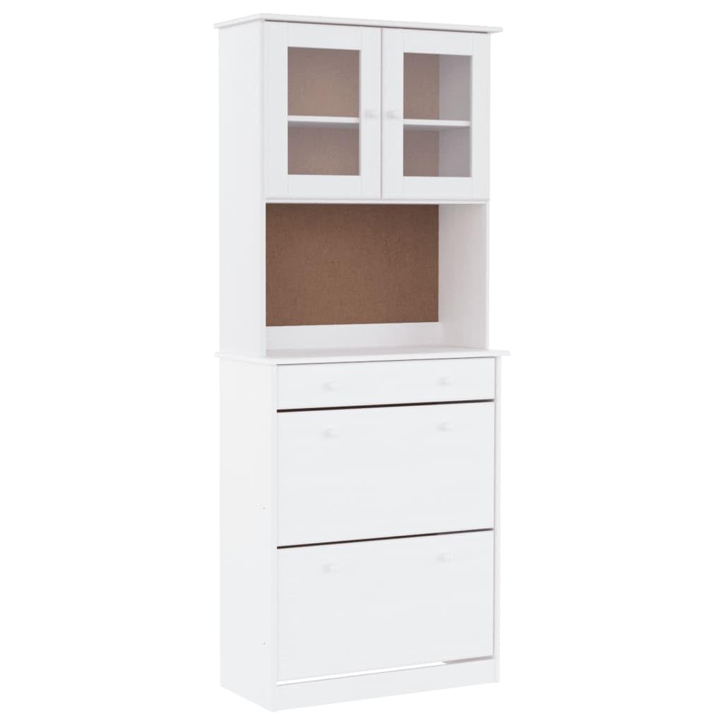 Générique Bufet Alta High White 77x35x188 cm, z litego drewna sosnowego, szafka do przechowywania z półkami, szufladą i szklanymi drzwiami, drewniane guziki, uchwyt ścienny w zestawie