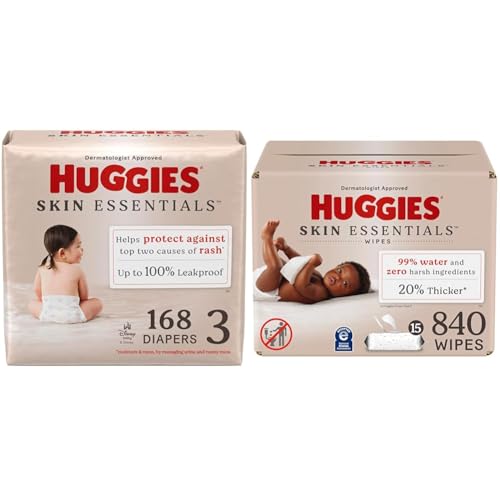Bundle of Huggies Skin Essentials Baby Diapers, Size 3 (16-28 lbs), 168 Count + Huggies Skin Essentials Baby Wipes, Hypoallergenic, 99% Water, 15 Flip Top Packs (840 Wipes)