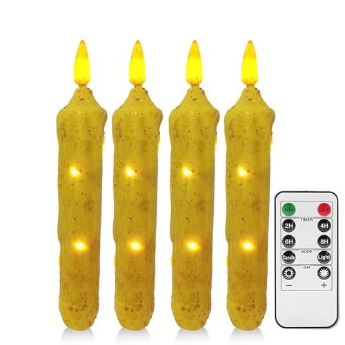 Image of 6.5 Inches Primitive Real Wax LED Flameless Short Candlesticks Hand Dipped Battery Operated Taper Candles with Timer Remote Candles for Vintage Rustic Home Decor, Pack of 4(Yellow)