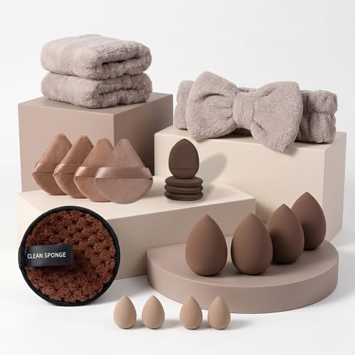 Image of 20pc Essential Makeup Sponge Kit Set - Soft-Touch Makeup Sponges for Cream & Liquid - Aesthetic Bow Spa Set & Wristbands - Under-Eye Precision Puffs & Blender Cleaner - Complete Beauty Organizer Kit for Girls & Women (Coffee Edition)