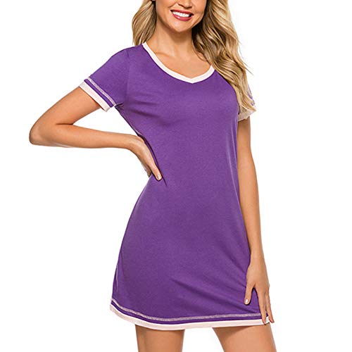778 Women Fashion Pajama Short Sleeve Patchwork Lounge Wear O-Neck Loose Home Sleep Dress Daily wear