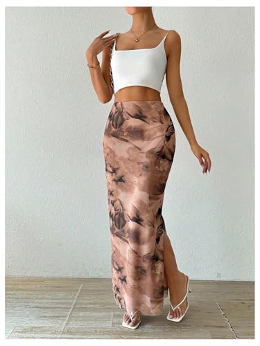 Women's Tie Dye Bodycon Long Skirts Mesh Split Thigh High Waisted Party Cocktail Skirt4