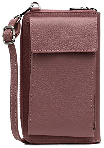 SH Leder Damen Handytasche Umhängetasche Geldbörse Multifunktion Beutel aus Echtleder Verstellbar Schultergurt Handy bis 6,5 Zoll 11,50x19cm Sarah G339 (Altrosa) Cover