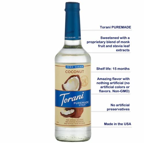 Torani Puremade Zero Sugar Syrup Coconut. Natural Flavors For Cocktails & Coffee, Non-Gmo, Gluten-Free (750 Ml) With Stevia & Monk Fruit. Glass Bottle In Crush-Proof Box + Atrevo Pump Dispenser Bundle. #TOP1