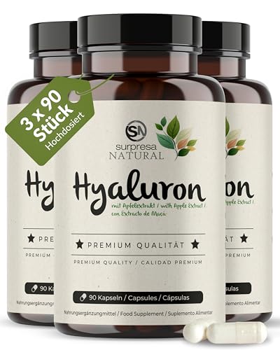 Surpresa Natural Hyaluronsäure Kapseln hochdosiert I 3x 90 Kapseln mit Apfel Extrakt I 500 mg Hyaluronsäure mit 500-700 kD pro Kapsel I Hyaluron Kapseln I vegan & laborgeprüft