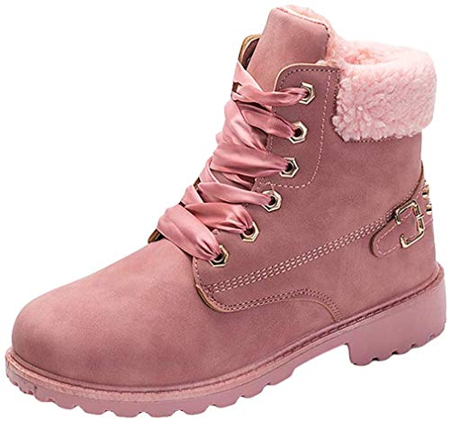 Botas de Piel Forradas Cómodas Mujer/Botines Planos de Invierno para Mujer/Zapatos con Cordones para Mujer/Rosa/41/255