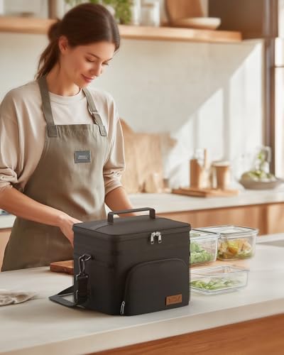 HOTOR Insulated Lunch Box for Men & Women - Leak-Proof Cooler Lunch Bag with 4 Pockets, Adjustable Strap, Ideal for Work, Picnic, Travel - Medium, Black, 10.2"×6.9"×8.5" - 8