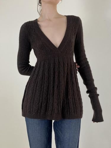 Women Y2K Long Sleeve Square Neck Pleated Knitted Tunic Tops Loose Fit Vintage Babydoll Lightweight Sweaters3