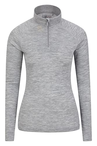 Mountain Warehouse Merino Womens Thermal Baselayer Top - Long Sleeves Ladies Thermal T-Shirt, Zip Neck Top, Lightweight, Easy Care Tee - for Travel & Outdoors Light Grey 10