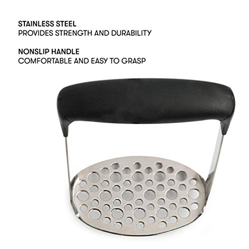 Cooking Light Heavy Duty Stainless Steel Masher, Broad And Ergonomic Horizontal, Fine Plate For Smooth Mashed Potatoes, Soft Grip And Non-Slip Handle, Stainless, Black #TOP1