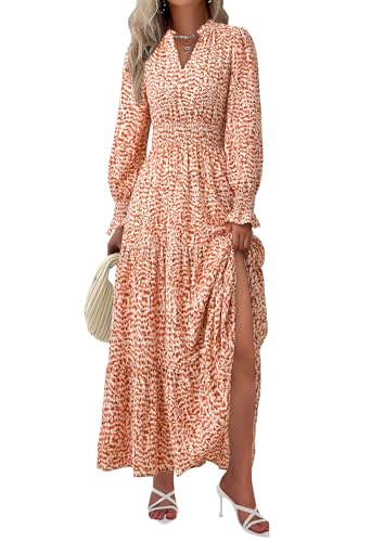 PRETTYGARDEN Women's Floral Maxi Dress 2025 Fall Long Sleeve V Neck Casual A Line Long Flowy Boho Party Dresses (Floral Orange,Large)