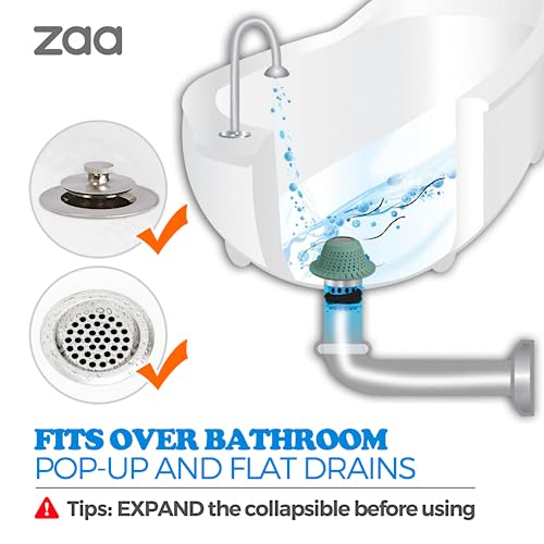 Image of zaa Bathtub Drain Hair Catcher, Premium Silicone Collapsible 2 Pack Drain Protector for Pop-Up & Regular Drains of Shower, Bathtub, Tub, Bathroom, Sink, Gray Green