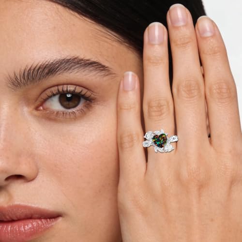 Image of 0.3 Carat Moissanite and White Opal /Blue Opal /Black Opal Engagement Ring 925 Sterling Silver 8-9 MM Heart /Round /Oval Cut Opal Moissanite Ring for Women Size 5-13