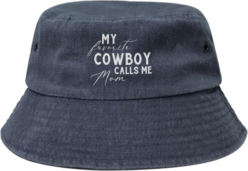 My Favorite Cowboy Calls Me Mom Bucket Hat,Cotton Outdoor Sun Hat Flat Top Cap for Fishing Hiking Beach Sports,Black